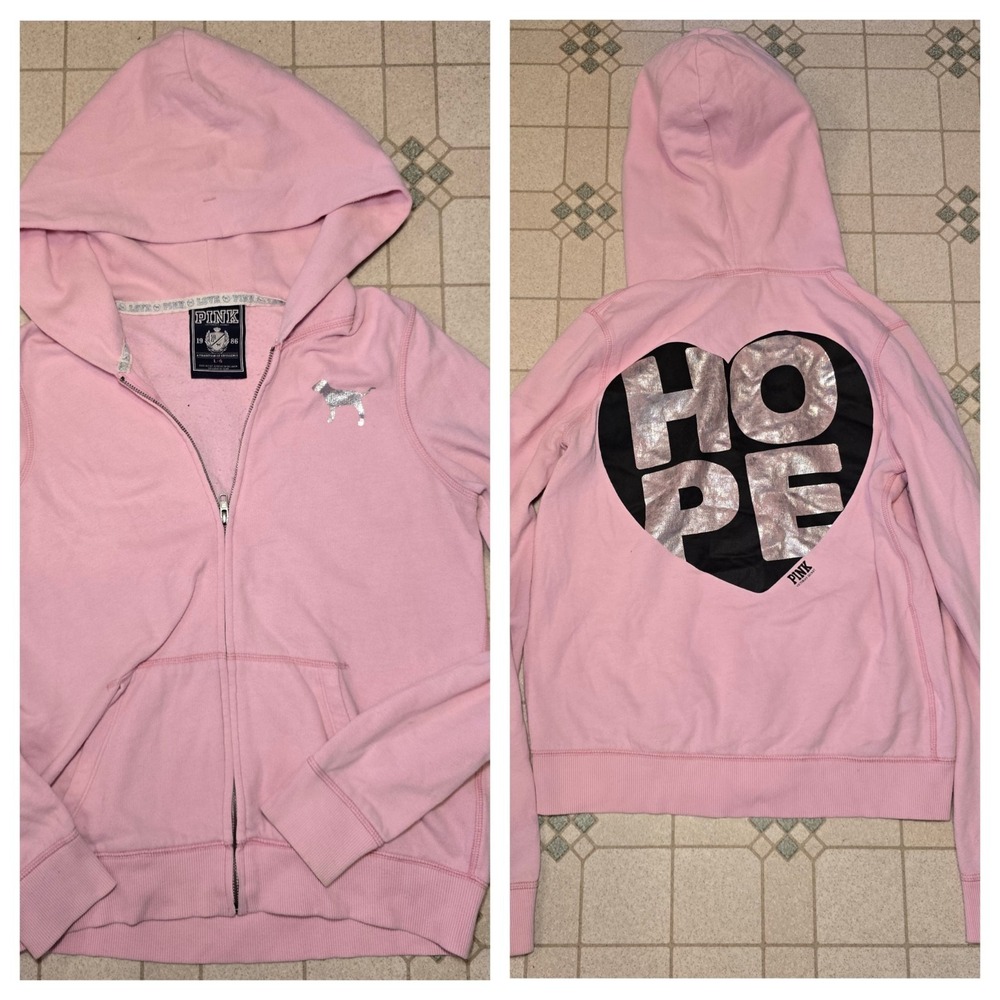 Vtg Victoria Secret PINK Hoodie Large Shimmer Dog Zipupback Hit Womens Baby Hope